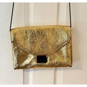 Loeffler Randall Metallic Gold Clutch‎ Crossbody Shoulder Bag W/black Chain Chic